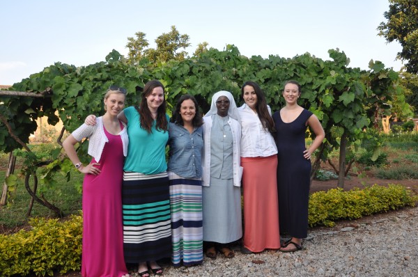 The WLP team arriving in Save, Rwanda. [Left to right: Leanne Tremblay, Heather Vincent, Ana Sofia Nolfo, Sister Augusta, Hannah Conley, Emily Levy]