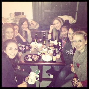 My friends and I at Pub for the Super Bowl! Please excuse the obscene amount of food on our table....